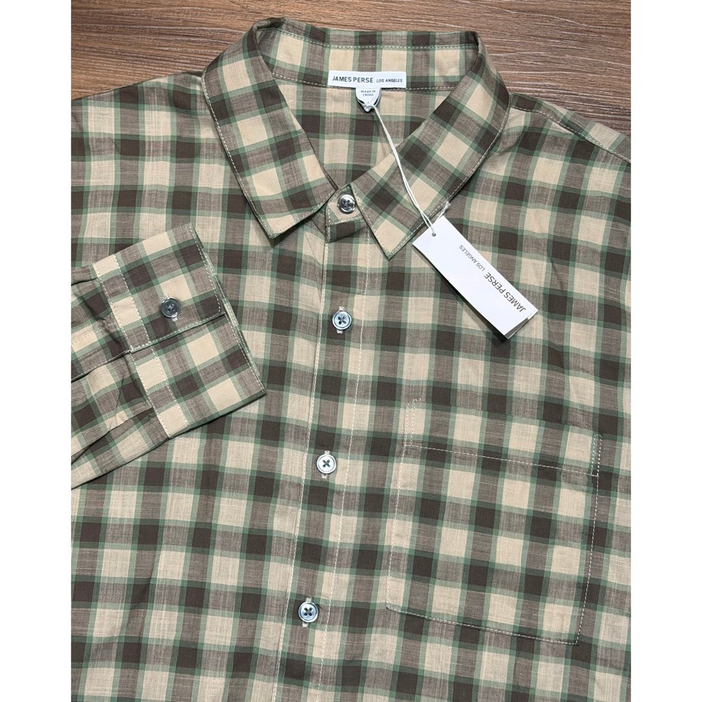 James Perse Mens Green/Beige Plaid Button Down LS Shirt (MOCM3504) Sz 1/ S